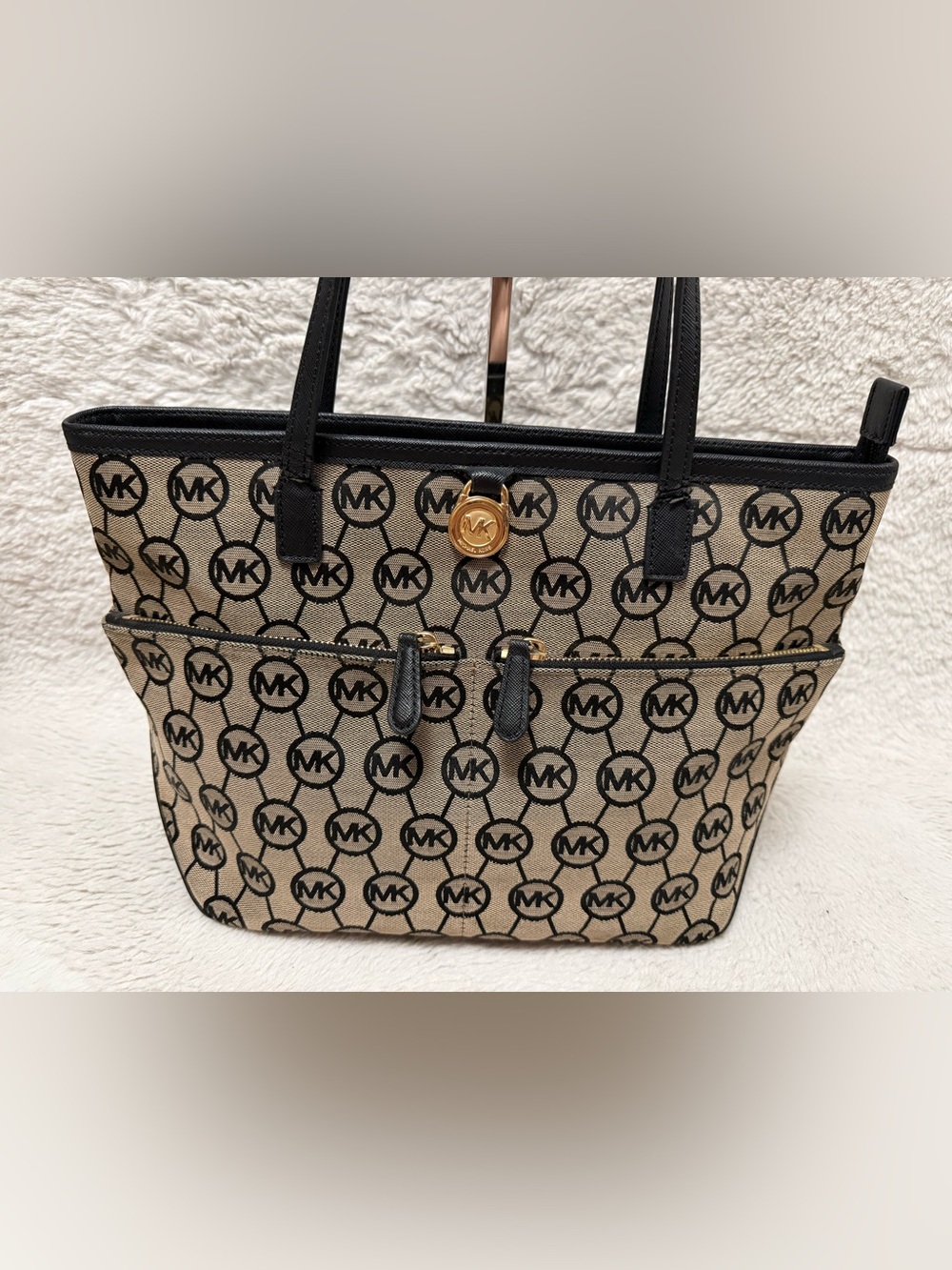 Michael Kors Kemptom Beige Canvas Signature with Black MK Logo and Gold Hardware